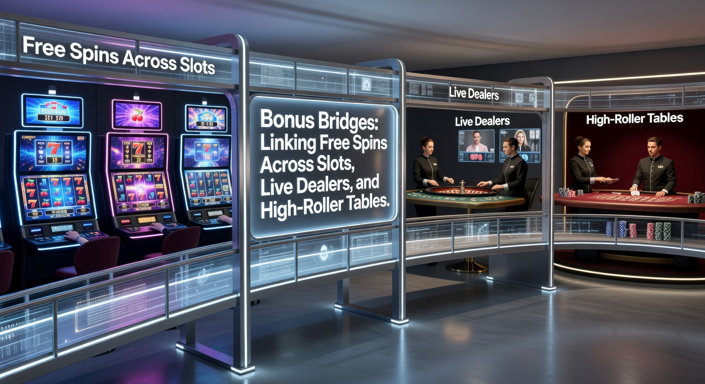 Digital graphic illustrating bonus flows from colorful slot screens to live dealer interfaces and luxurious high-roller poker setups