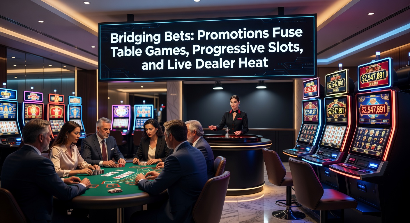 Vibrant casino promotion graphic showing table games, progressive slot reels, and live dealer tables interconnected with bonus trails and jackpot meters