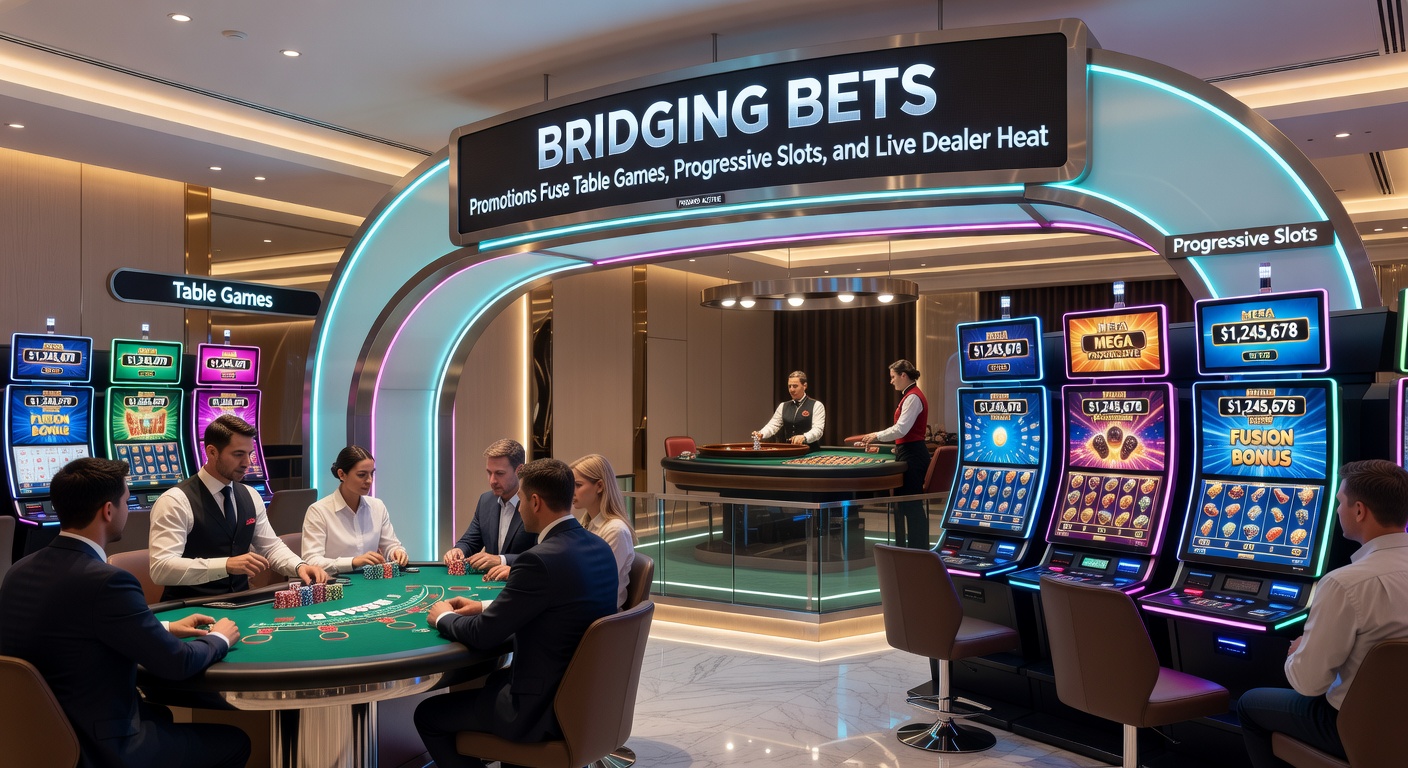 Dynamic split-screen image of a live dealer at a blackjack table, progressive slot jackpot ticking up, and poker chips stacked high amid promotional overlays