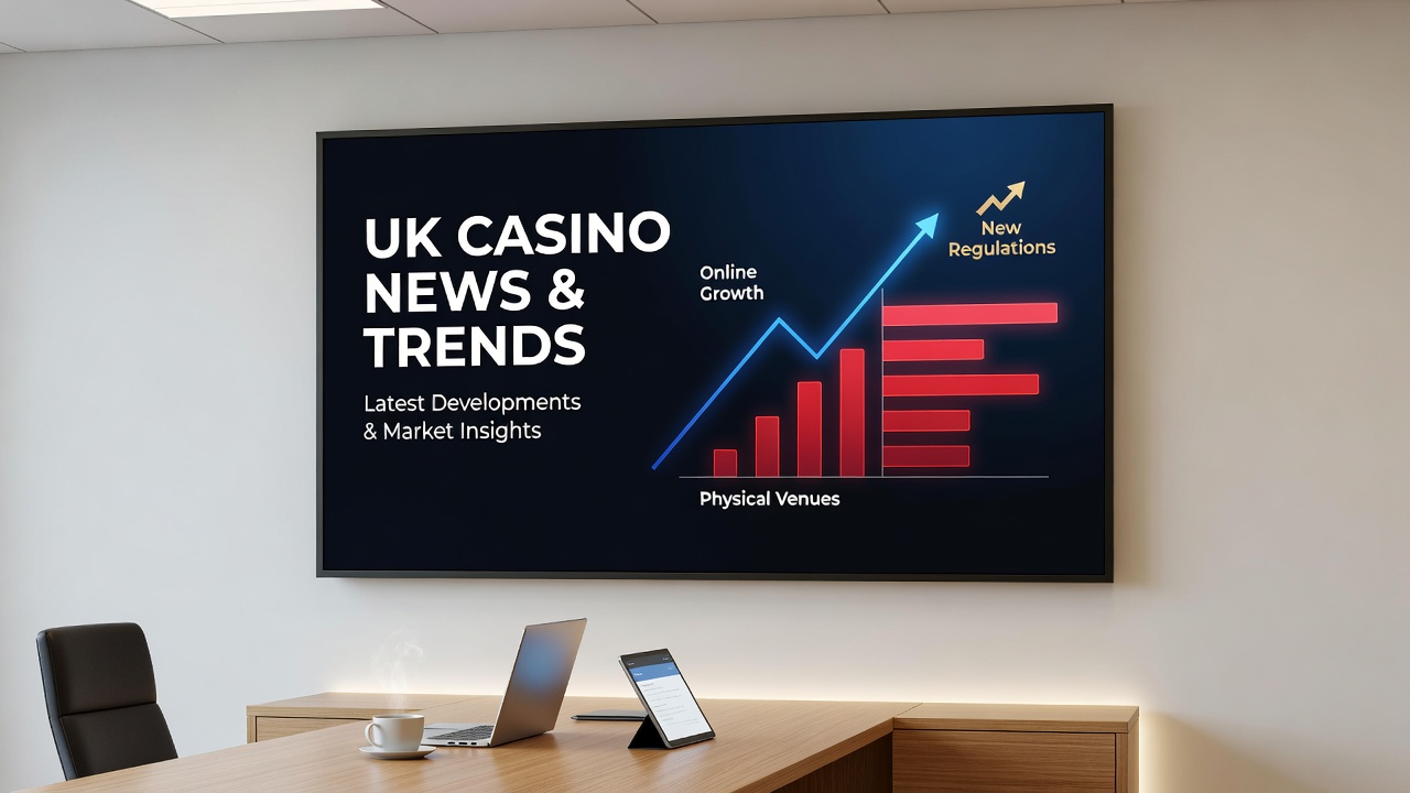 Digital illustration of UK online casino interface with regulatory icons like locks and shields overlayed on slot reels and gaming tables