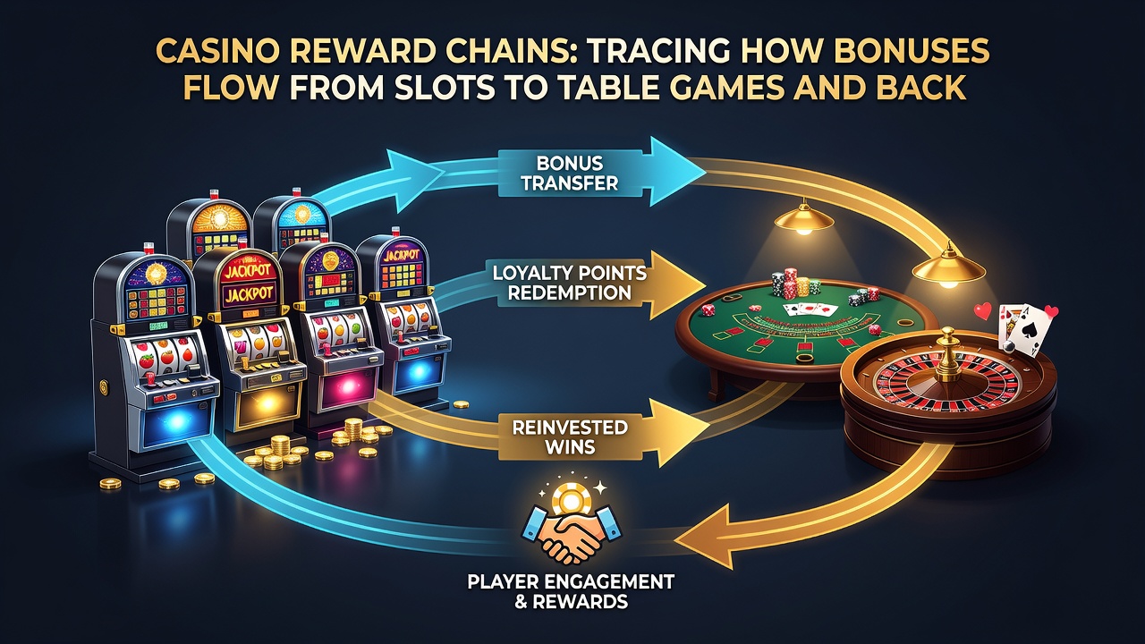 Casino floor layout showing player movement between slot areas and table game pits during bonus redemption periods