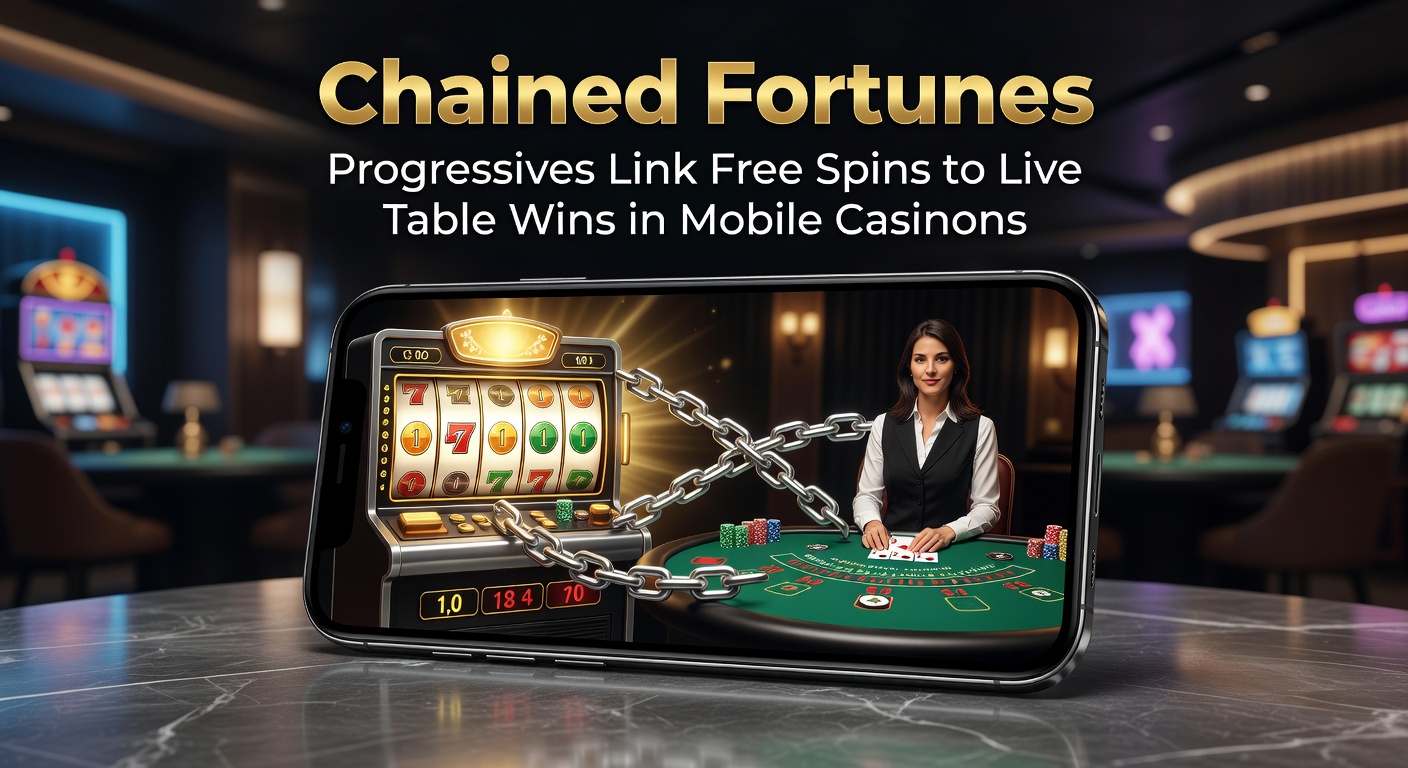 Mobile casino screen showing linked progressive jackpot across slots and live blackjack table, with free spins chaining to table wins