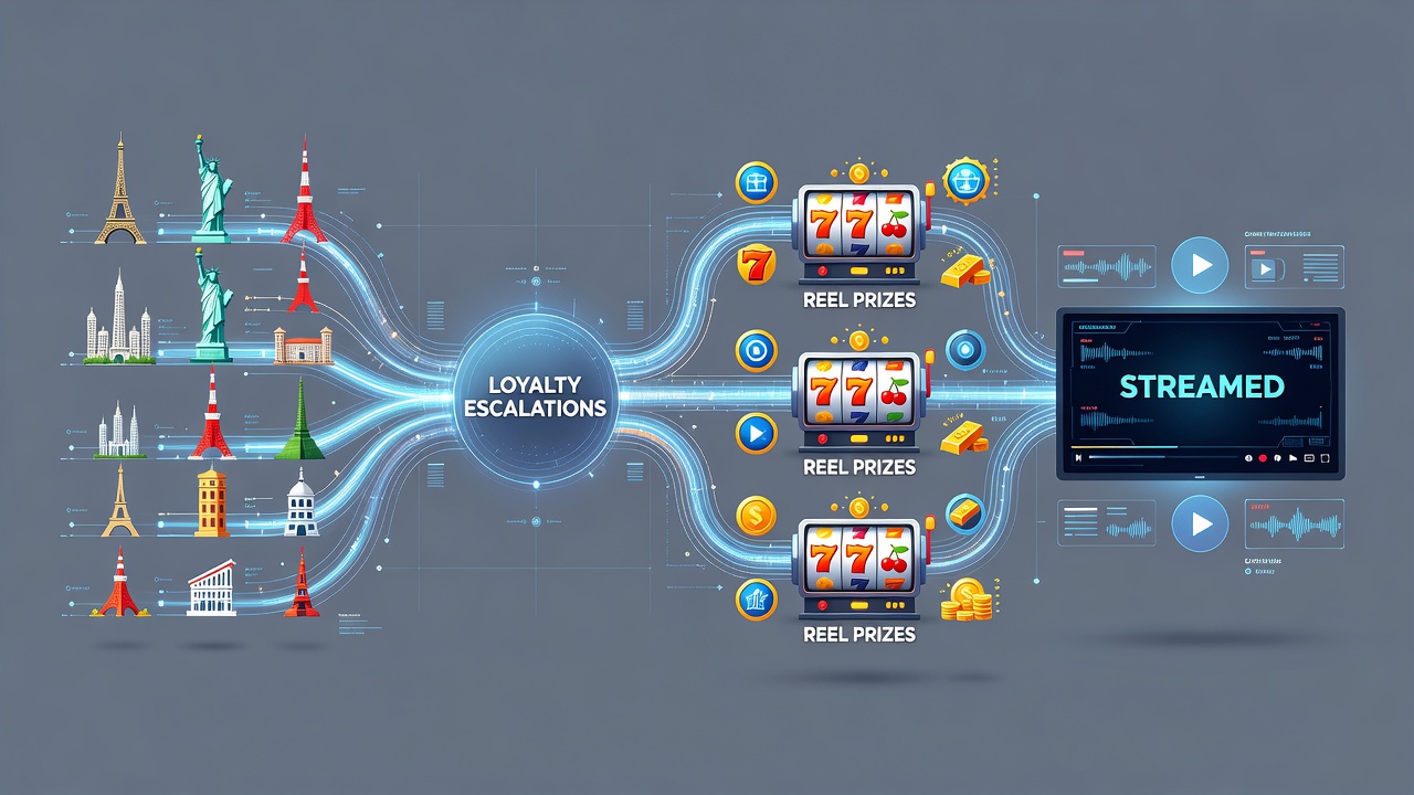 Integrated casino dashboard showing loyalty escalations tied to reel prize growth and live dealer session credits