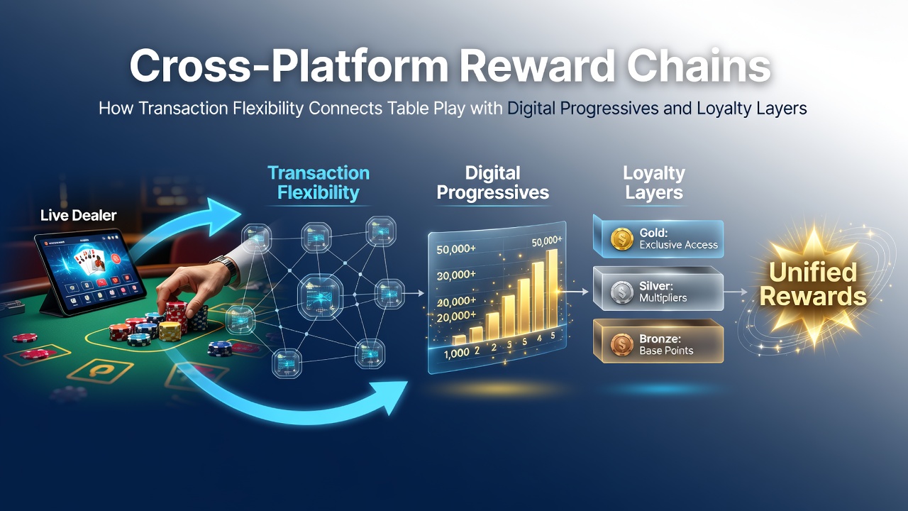 Illustration showing interconnected casino reward chains linking physical table games with digital progressive slots and layered loyalty programs through flexible transaction flows
