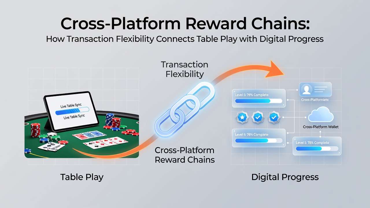 Diagram depicting transaction flows between physical casino tables, digital progressive jackpot networks, and multi-level loyalty reward structures