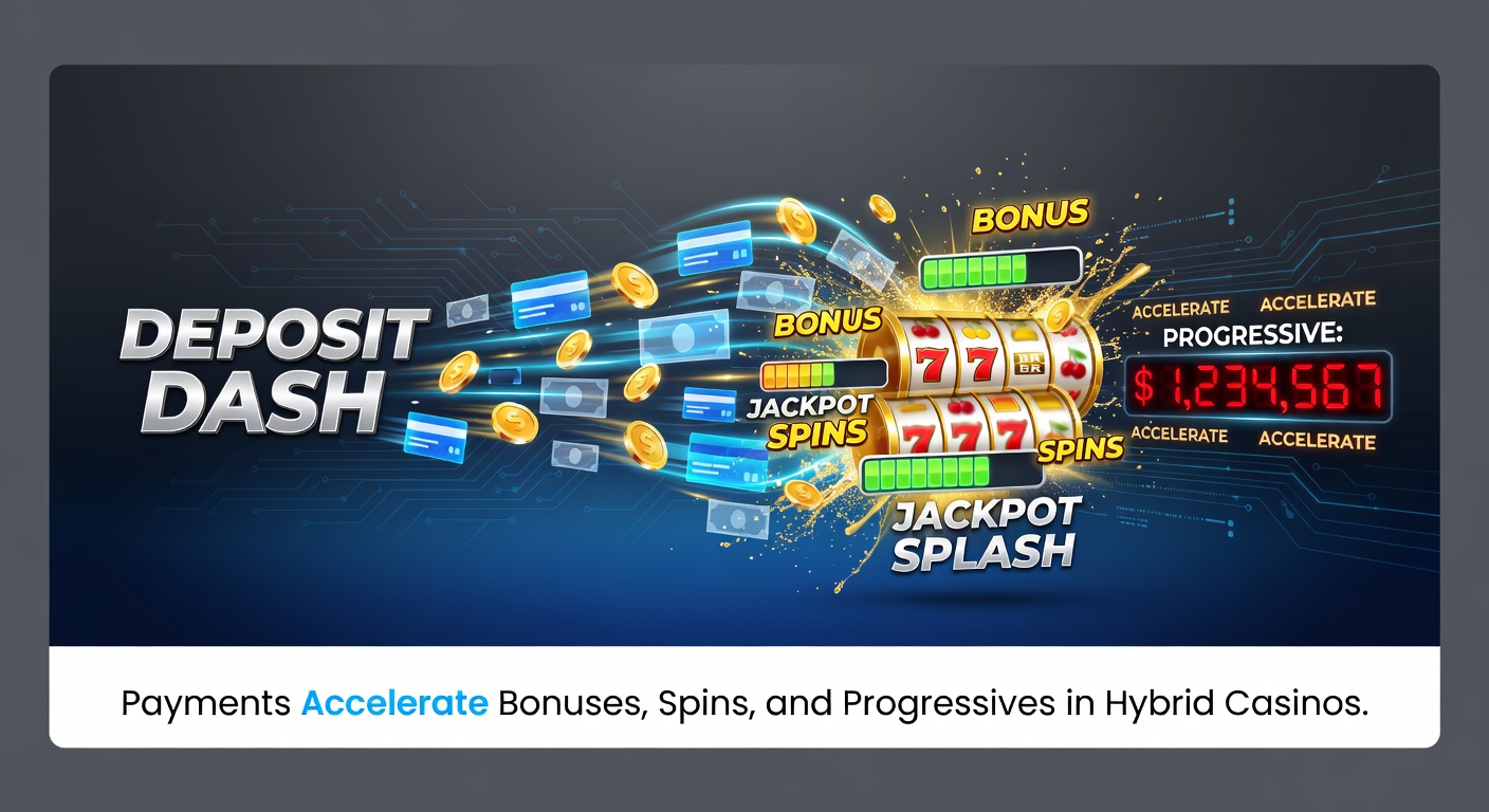 Dynamic graphic showing a lightning-fast deposit transaction exploding into cascading bonuses, free spins, and a growing progressive jackpot meter in a vibrant hybrid casino interface