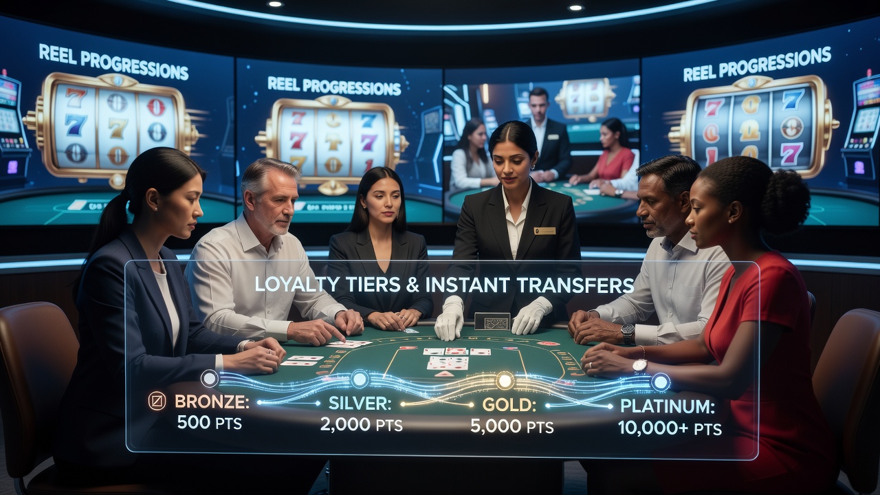 Hybrid casino interface showing progressive slot reels alongside live dealer table sessions with loyalty tier indicators