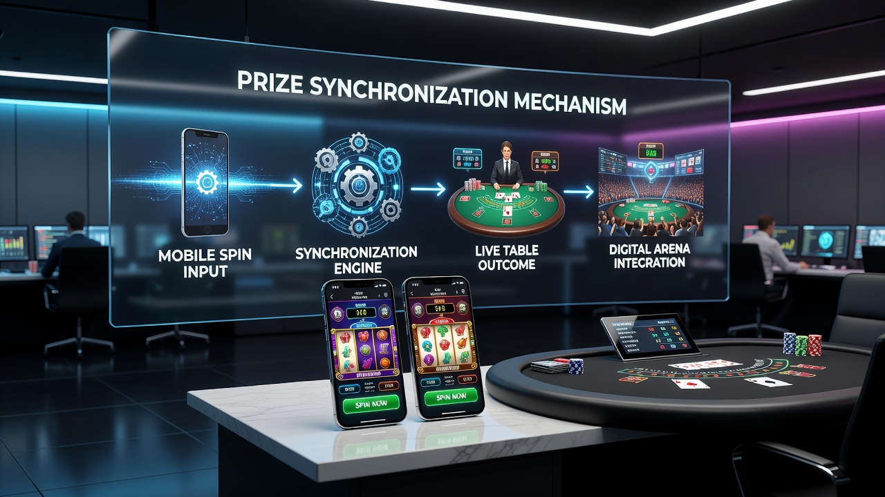 Live casino table with digital overlay showing synchronized mobile spin contributions to shared prize pool