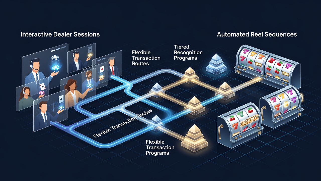 Diagram showing reward chain connections between live dealer tables and automated slot sequences in a casino environment