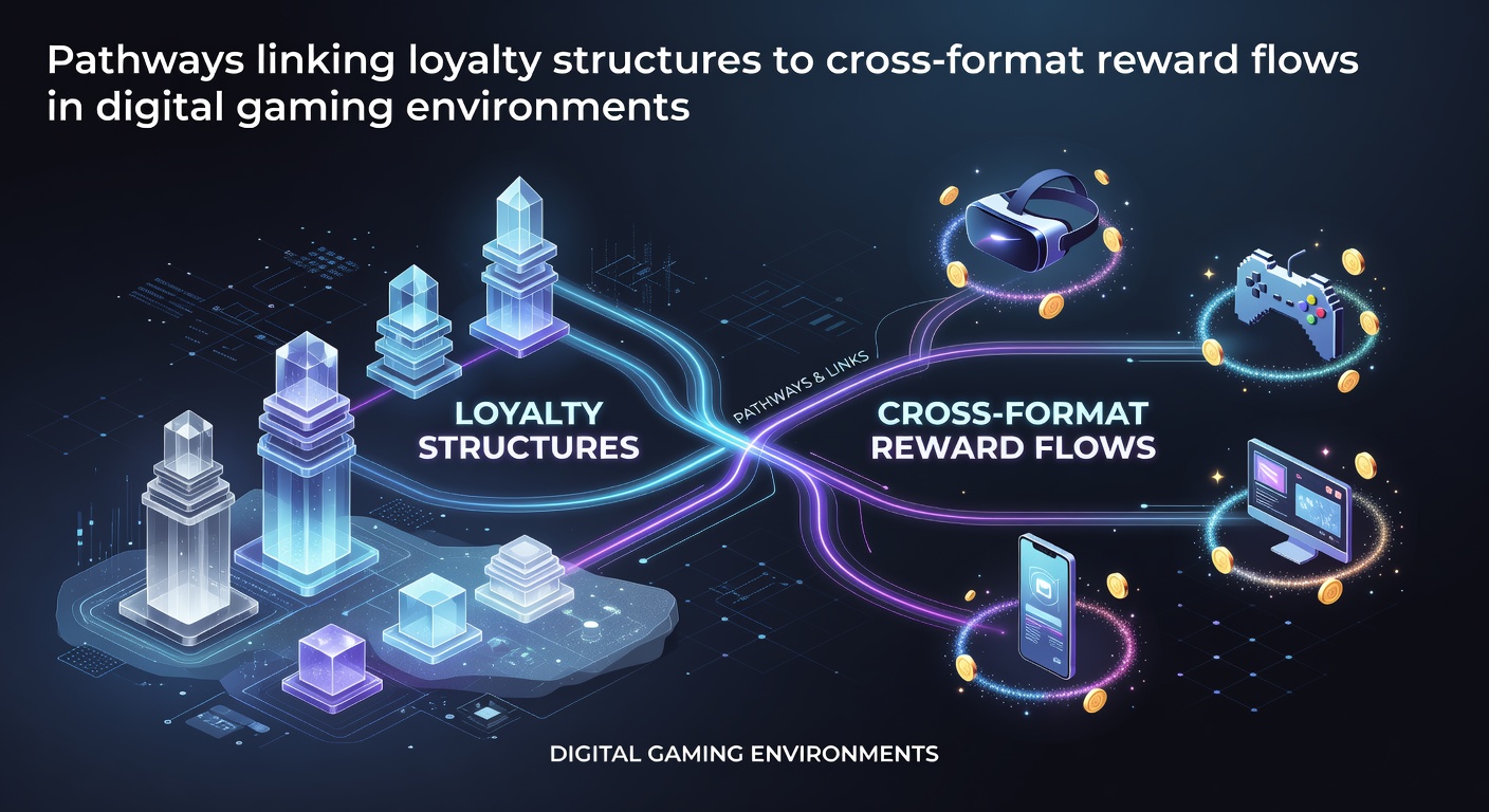 Digital illustration showing interconnected loyalty pathways flowing between slot machines, table games, and live dealer platforms in a virtual gaming environment