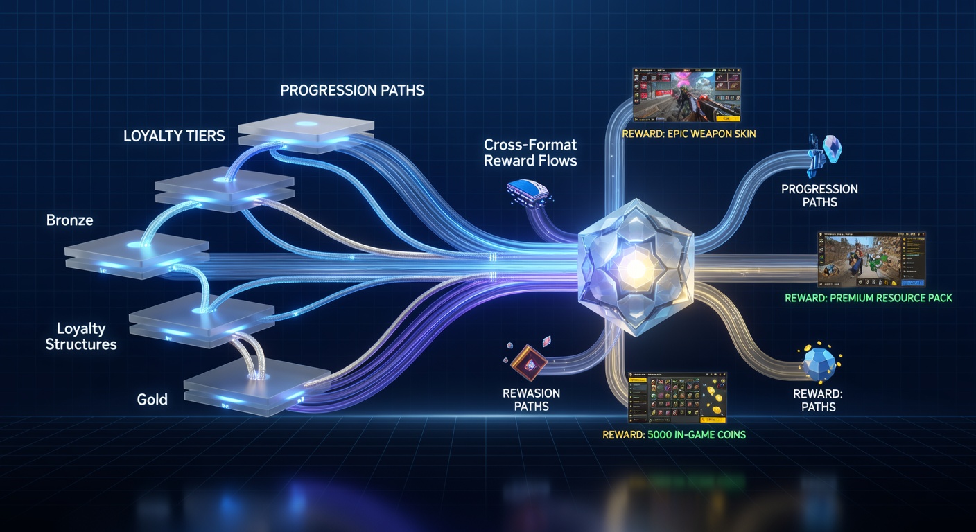 Flowchart diagram illustrating reward point transfers between different digital casino game formats including slots, blackjack, and roulette tables
