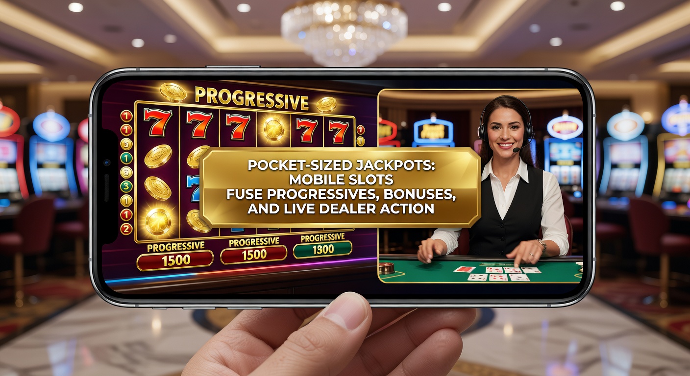 Vibrant mobile slot screen showing progressive jackpot ticking up alongside a live dealer table in the background, capturing the fusion of features on a smartphone