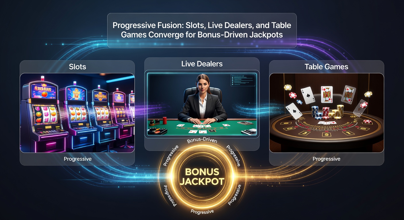 Vibrant digital display showing interconnected slot reels, live dealer blackjack tables, and progressive jackpot meters climbing in unison across a casino interface