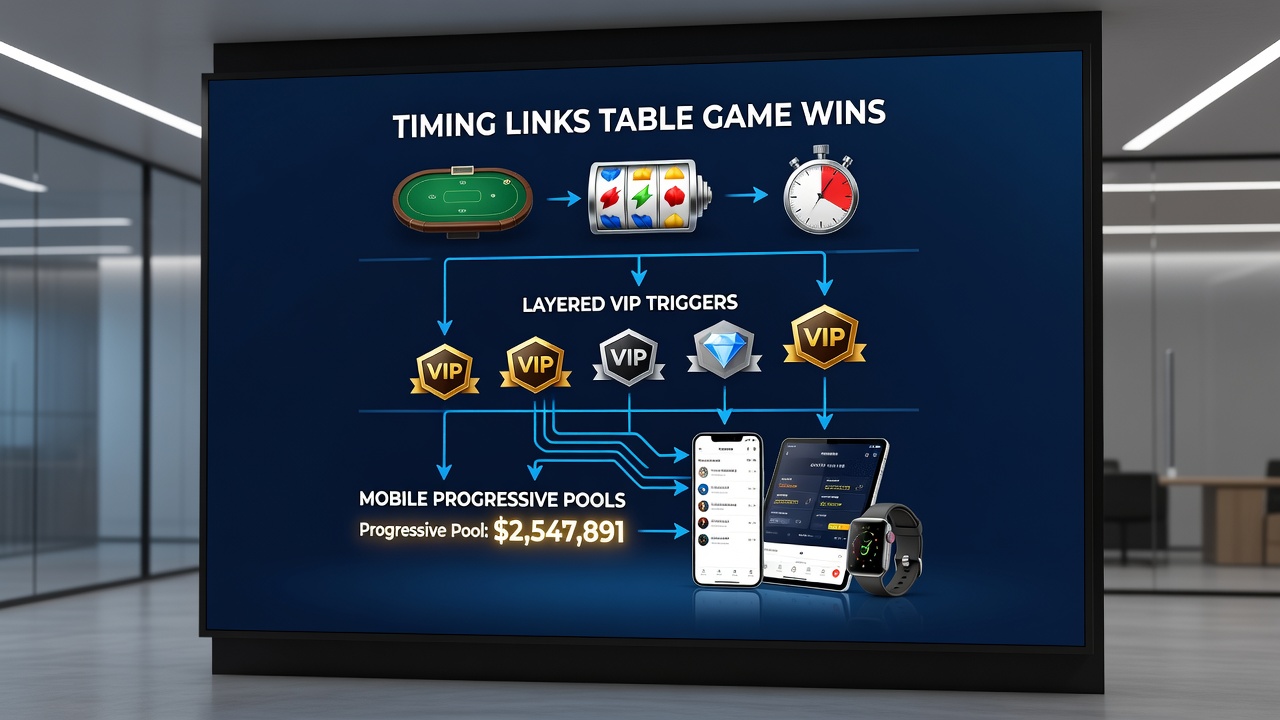 Diagram showing layered VIP triggers routing table game winnings into mobile progressive jackpot pools