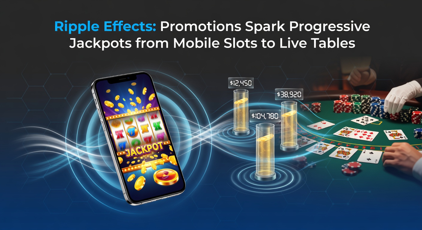 Vibrant mobile slot screen showing a progressive jackpot meter climbing amid bonus promotions, transitioning to a live dealer table in the background