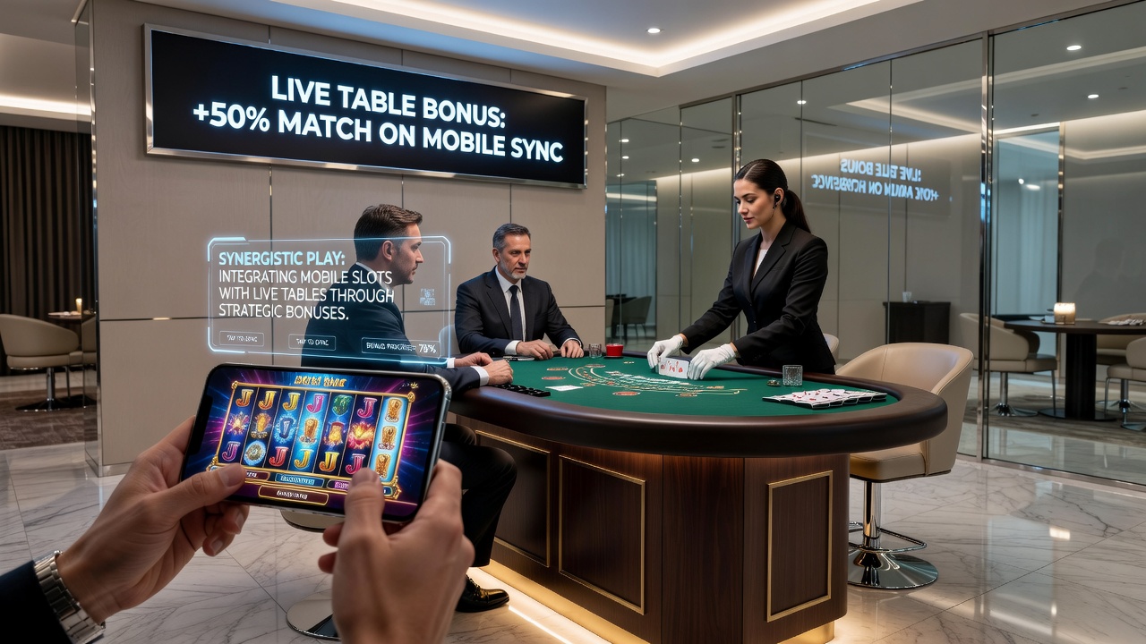 Live casino table with overlaid mobile bonus notifications showing synced jackpot progress