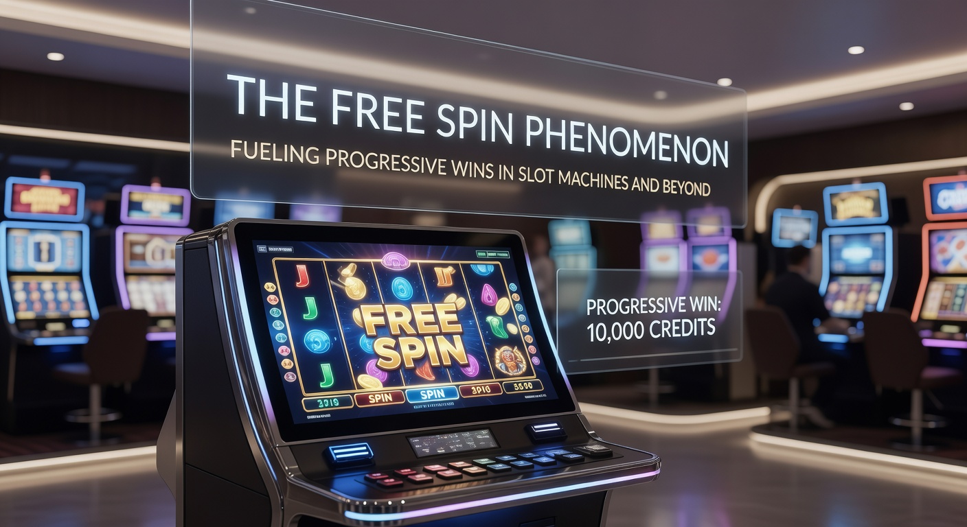 Vibrant slot machine reels spinning with free spin symbols and escalating progressive jackpot meters in a bustling casino environment