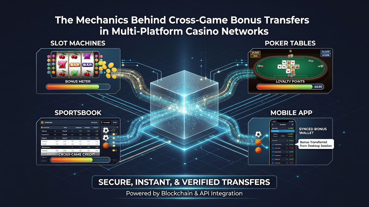 Illustration of API connections linking slot machines, table games, and live dealer studios through a shared bonus management system