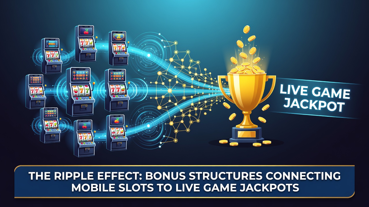 Diagram showing data flows and bonus multipliers connecting mobile slot sessions to live game jackpot pools
