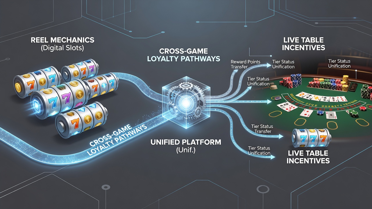 Illustration of loyalty pathway connections between mobile slots and live casino tables using unified player data