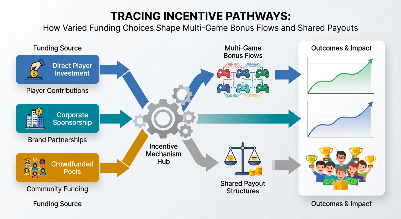Visualization of multi-game bonus flows feeding into shared payout pools on mobile devices