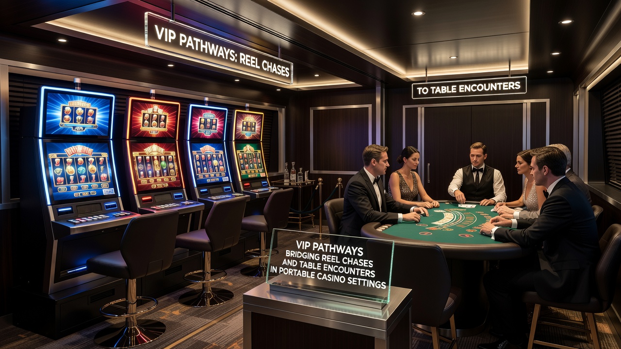 Smartphone screen displaying VIP dashboard with progress bars linking reel chases to table game rewards